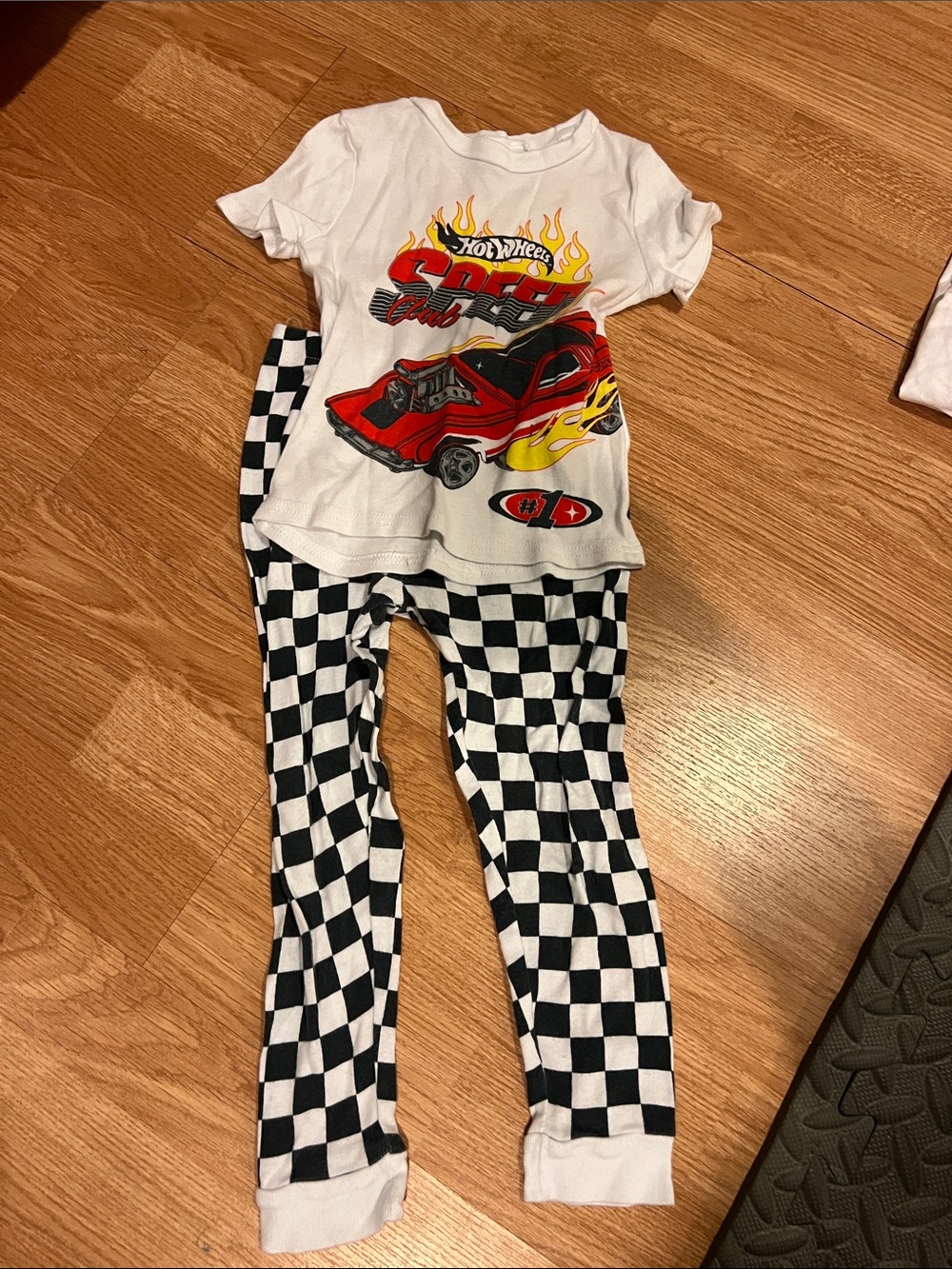 Mattel Hot Wheels White Tee with Red Flame Car & Black Checkered Leggings